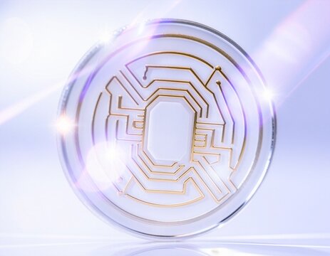 Extreme macro of a quantum cryptography token with white ceramic and gold circuits.