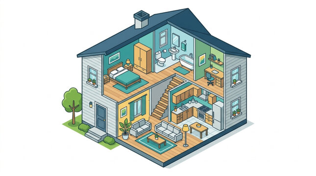 Cross section of a modern house showing interior rooms and furniture.
