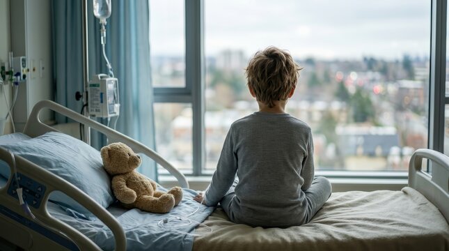 A frightened young boy with an IV and a teddy bear sits on a hospital bed gazing out the window.