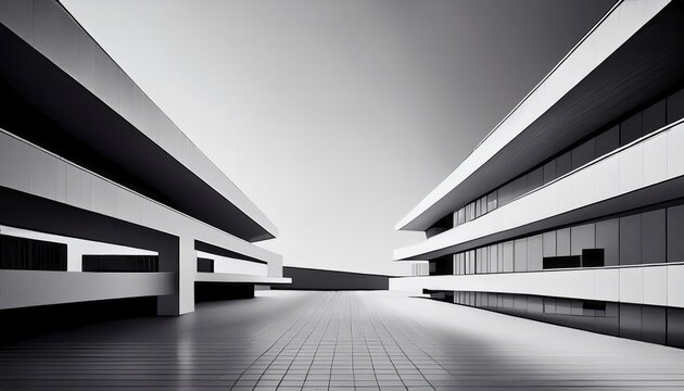 Minimalist architectural rendering of a modern building in clean geometry in black and white, AI generated