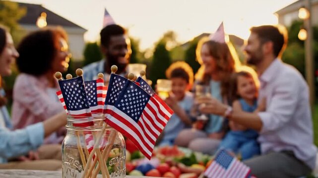 Joyful outdoor celebration with friends and family enjoying patriotic picnic gathering