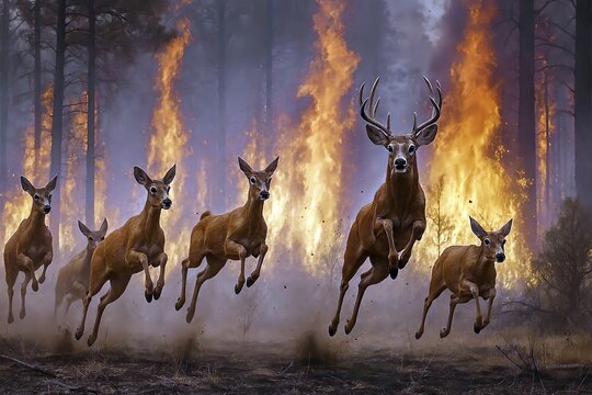 A pack of deer flees in panic from a forest fire, symbolic image of climate change, global warming, environmental disaster, fire, burn, flee, deer herd, AI generated, AI generated
