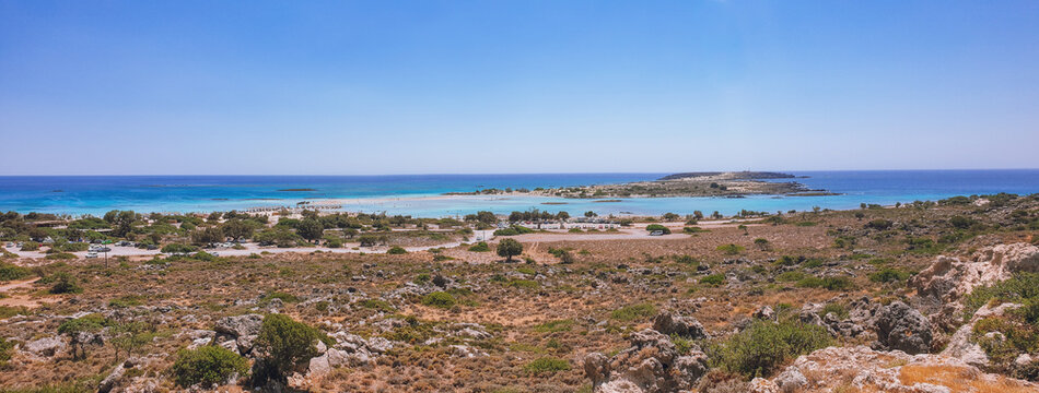 Panorama view of Elafonisi Beach, most popular beach with pink sand in Crete Island, Greece
