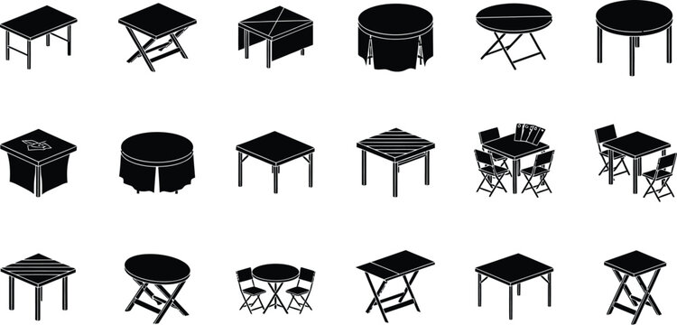 Set of isometric table icons featuring various folding and dining furniture designs for interior design and event planning projects