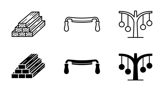 Woodworking icon set featuring lumber stack drawknife tool decorative tree ornaments drawknife