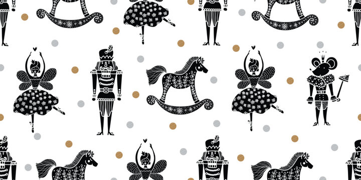 Christmas vector seamless Nutcracker pattern. Gold seamless pattern can be used for wallpaper, pattern fills, web page background, surface textures.