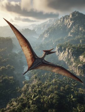 A pterosaur, dinosaur, flying reptile, pterosauria sails over a primeval landscape, jungle, AI generated