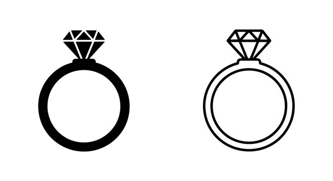 Diamond Ring Icons, Engagement Jewelry Vector Graphics, Luxury Gemstone Symbol Set