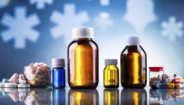 Pharmacy, Medicine and Research, pills and bottles on the table, top view, AI generated