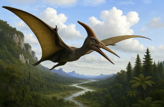 A pterodactyl (Pterodactyloidea) flies over a prehistoric landscape, symbol dinosaur, pterosaur, sauropod, prehistory, prehistory, AI generated, AI generated