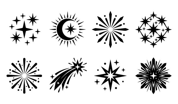 Celestial sparkle silhouette vector set with stars moon fireworks and night sky decorative icons