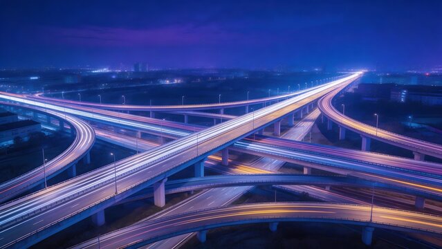 Nighttime highway interchange with light trails