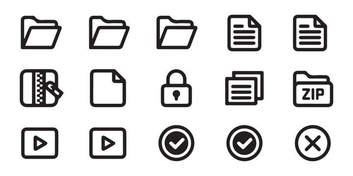 Comprehensive collection of digital interface icons including folders files and system settings.