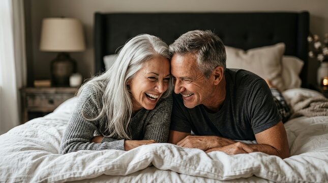 Happy senior couple joking and playing together on a bed.