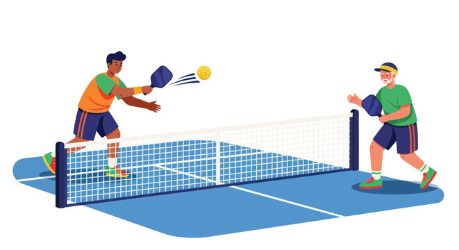 Two men playing pickleball on a blue court with a net, hitting a yellow ball.