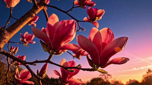 Vibrant pink magnolia flowers gently swaying in the breeze during a beautiful golden hour sunset in a peaceful garden