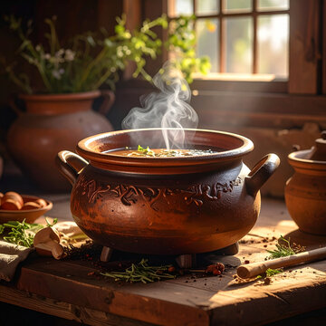Rustic clay pot steaming soup