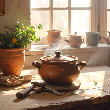Steaming clay pot on table