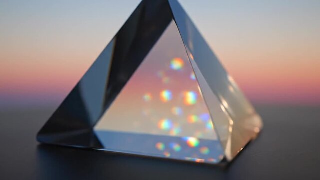 Clear glass pyramid refracting light into colorful rainbow spectrums against a soft sunset sky background