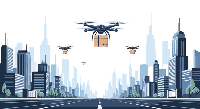 Smart Logistics and Supply Chain Management Vector Illustration Featuring Automated Warehouse Systems, Delivery Trucks, Drone Shipping, and Digital Data Tracking Technology Interfaces.