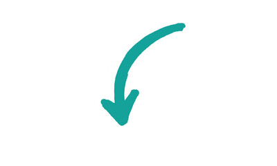 Hand drawn teal arrow pointing down isolated on transparent background © Debbrata