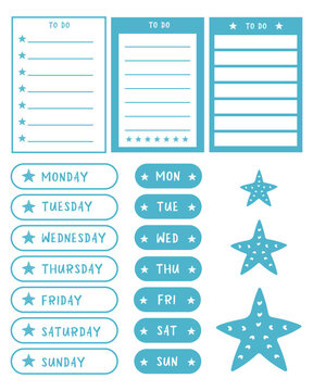 Colorful weekly to do list stickers with stars and days of the week on white background