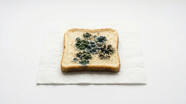 Moldy bread slice with green and black mold spots, spoiled food and contamination concept, food poisoning hazard on white background.
