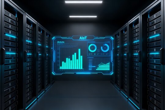 Server room with data analytics display