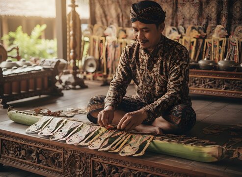 A glimpse behind the scenes Javanese dalang meticulously arranging traditional wayang kulit puppets, preparing for a captivating shadow puppet performance