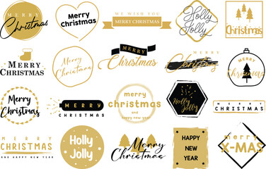 Collection of golden and black Merry Christmas calligraphy stickers and festive holiday greetings © GRAPHIC ZONE