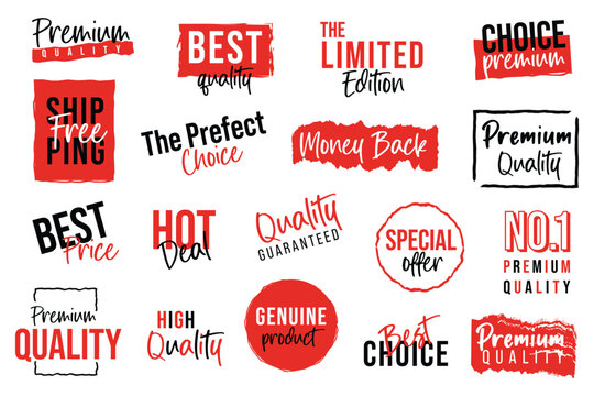 Collection of colorful premium quality badges and labels with various promotional messages