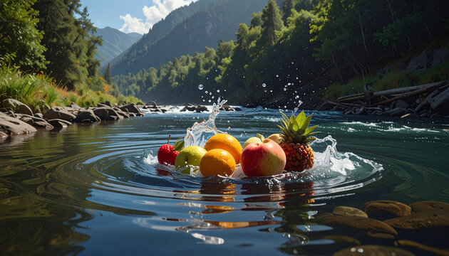 Fresh fruits splashing in river