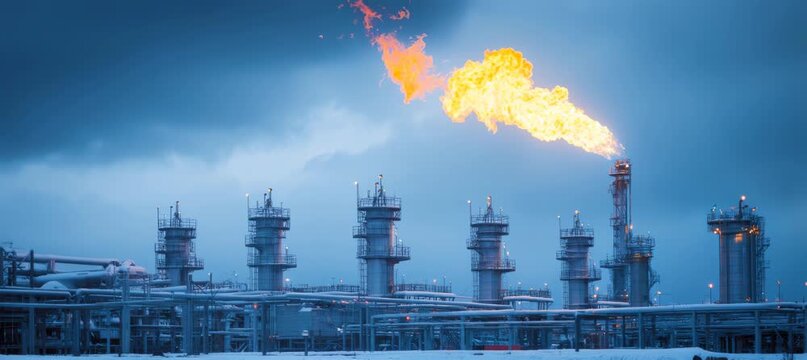 Oil refinery plant with excess gas flame. Energy industry. Generative AI technology.	

