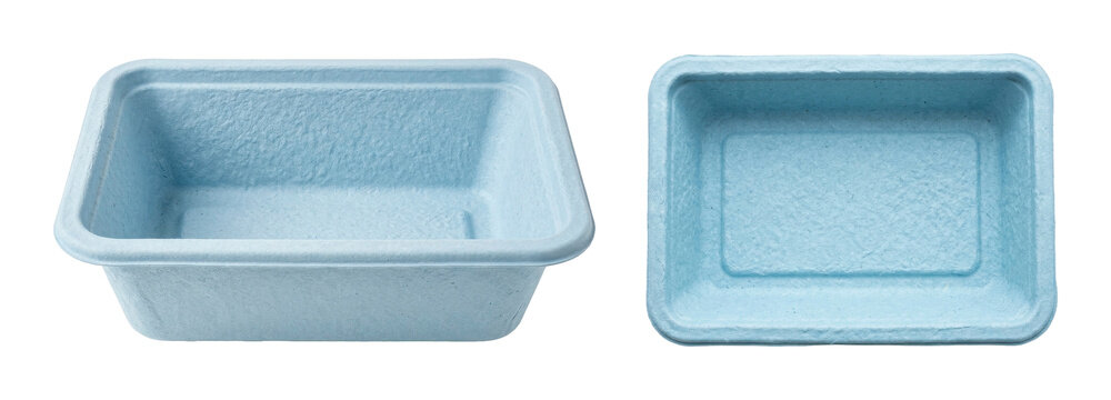 Empty rectangular light blue molded pulp tray on a transparent background PNG file