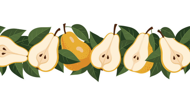 Horizontal seamless border design with ripe yellow pears and dark green leaves arranged on a plain white background.