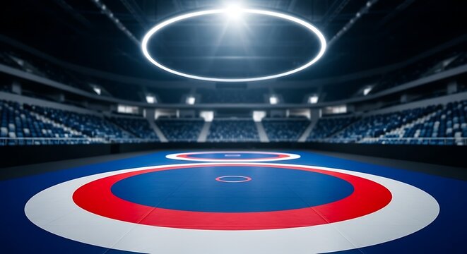 Empty blue wrestling mat with red and white circles in a large, modern sports arena.