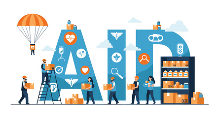 Naklejka premium Dedicated volunteer team organizes and packages humanitarian aid supplies for disaster relief in front of large blue letters spelling AID.
