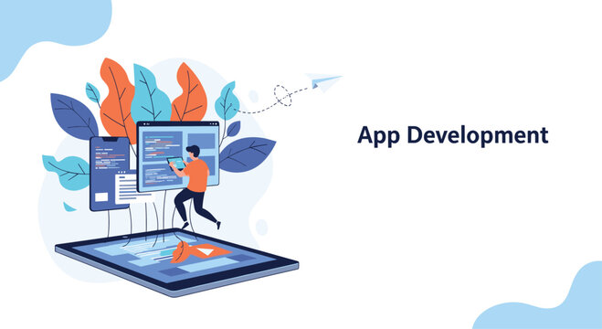 Creative software developer builds a new mobile application using code on a large digital tablet surrounded by colorful abstract leaves and icons.