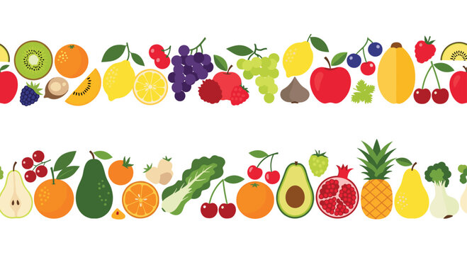 Horizontal graphic borders showcase a vibrant variety of fresh whole and sliced fruits such as berries, citrus, grapes, and tropical favorites.
