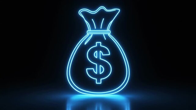Blue neon money bag animation with glowing dollar sign, pulsing luminous light, futuristic finance, prosperity, savings, trust, and innovation visuals