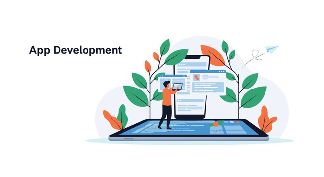 Software developer creates a new mobile application on a large tablet screen decorated with orange and green leaves and a flying paper airplane.