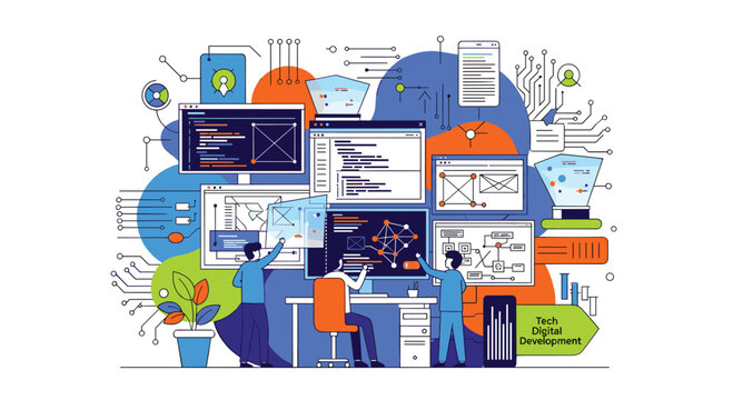Team of software engineers works together at a large desk filled with multiple screens displaying complex code and data for tech development.