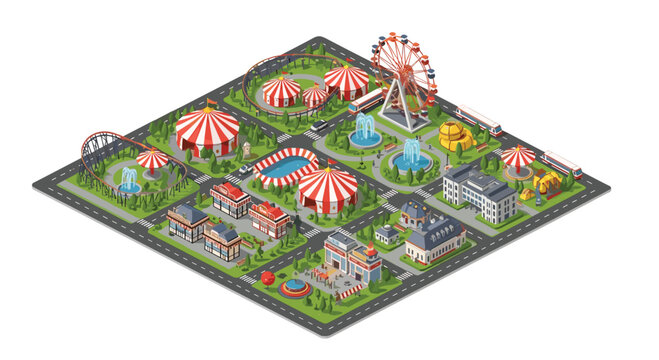 Detailed isometric map shows a sprawling amusement park featuring roller coasters, circus tents, ferris wheels, fountains, and visitor buildings.