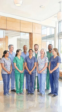 Healthcare ヘルスケア 198 Watercolor Illustration of a Diverse Group of Healthcare Professionals Smiling and Standing in a Clinic Lobby（クリニックのロビーで笑顔で佇む多様な医療従事者グループの水彩画イラスト）