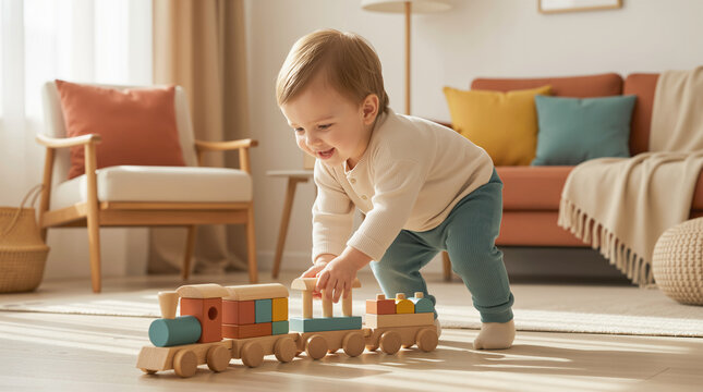 Little boy playing with wooden toy train and blocks on rug at home