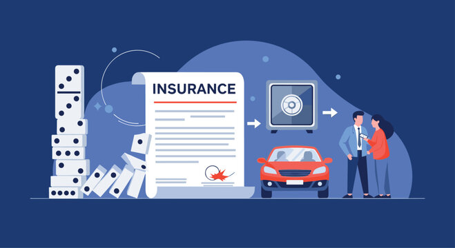 Financial insurance concept showing a legal document protecting a car and a safe from falling dominos representing risk factors.
