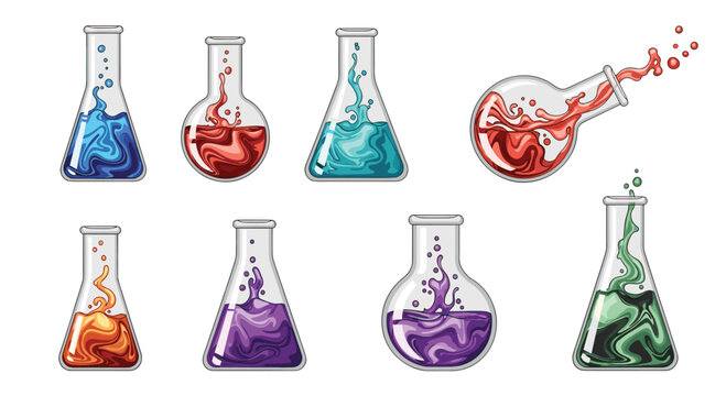Variety of glass laboratory flasks and beakers filled with swirling colorful liquids for scientific research and chemistry experiments.