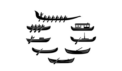 Modern Indian rowing boat silhouette icon collection with traditional river vessel vector designs © Md