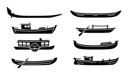 Minimal Indian rowing boat vector silhouettes with traditional river canoe and heritage vessel icons © Md