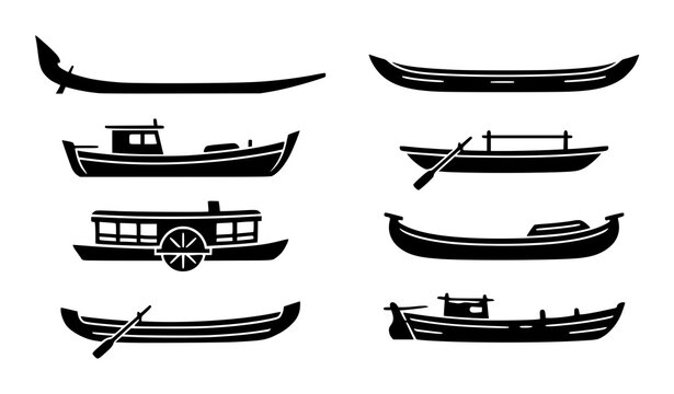 Minimal Indian rowing boat vector silhouettes with traditional river canoe and heritage vessel icons